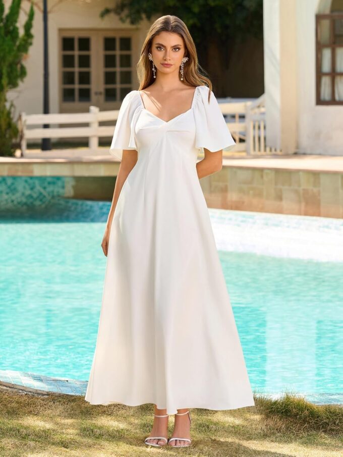 KUTUMAI Summer Maxi Dresses for Women 2025 V Neck Short Sleeve Bow Tie Flowy Long Formal Wedding Guest Dress with Pockets – Bild 2