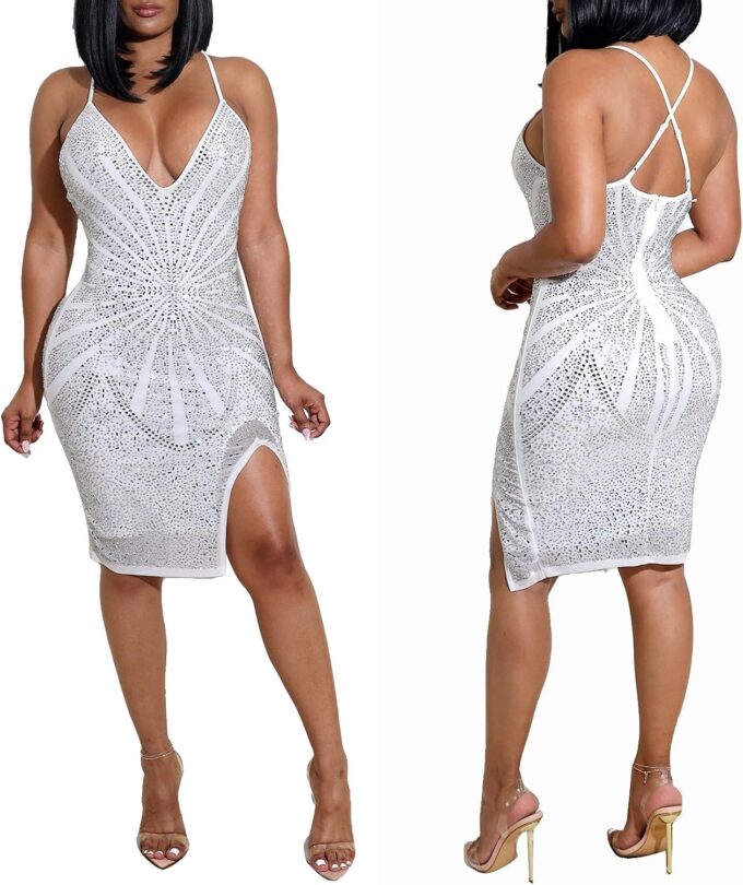 PORRCEY Sexy Elegant Rhinestone for Women Mesh See Through Bodycon Party Club Night Mini Dress – Bild 3