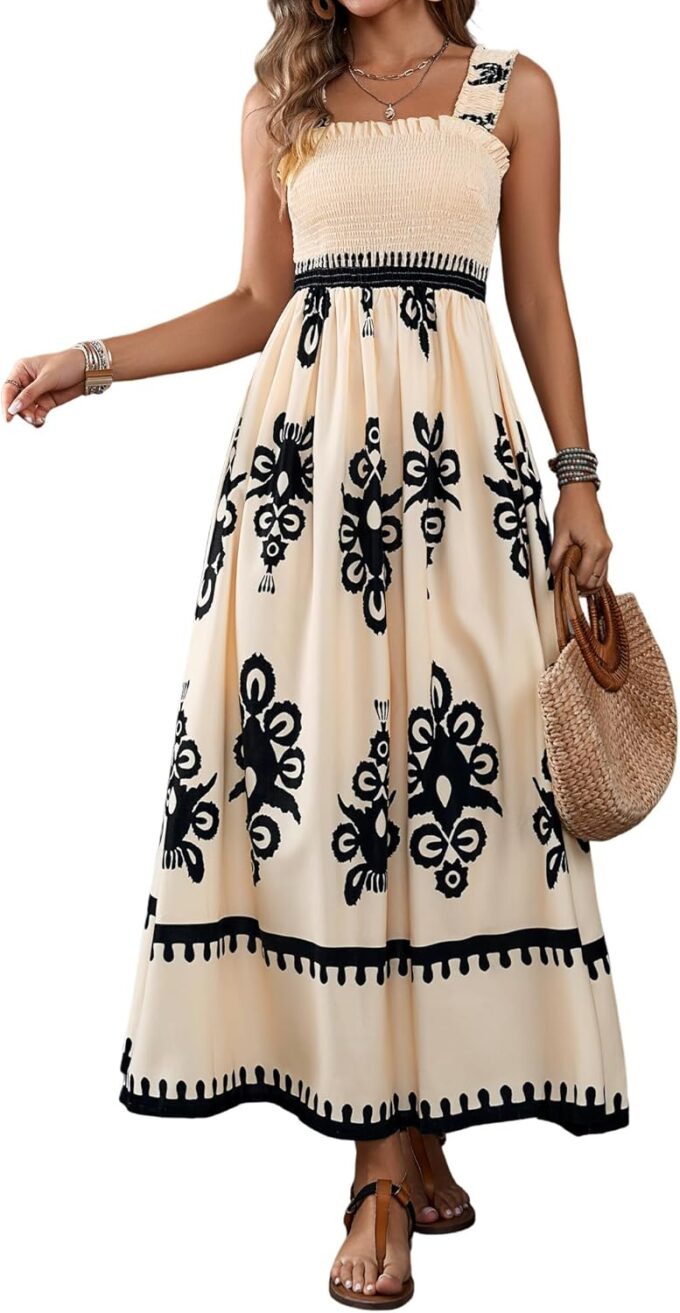 Womens Square Neck Boho Maxi Dress Casual Long Spring Summer Dresses Sundresses for Women Beach Vacation 2025