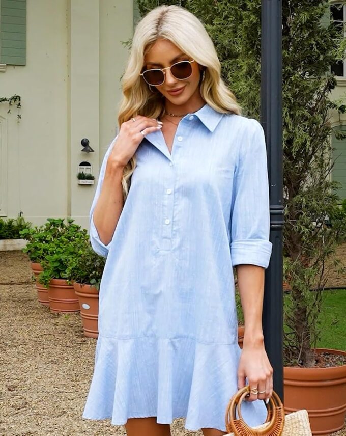 Women‘s Tunic Shirt Mini Dress Long Sleeve Cotton Short Dress Button Up Ruffle Hem Shift Dresses – Bild 3