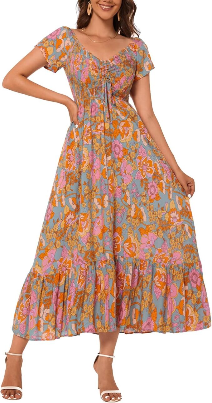Women's Summer Casual Short Sleeve V Neck Smocked Elastic Waist Tiered Boho Floral Flowy Maxi Dress – Bild 2