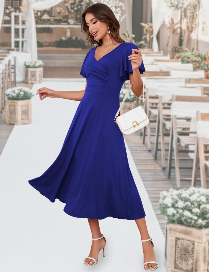 MIDNIGHTSUN Women's Wrap V Neck Cocktail Party Midi Dress Ruffle Short Sleeve Formal Wedding Guest Dresses – Bild 4