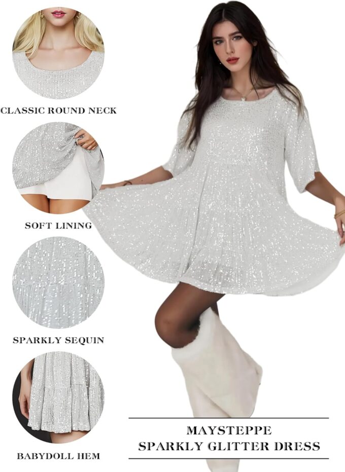 MAYSTEPPE Sparkly Glitter Dress, Sequin Babydoll Summer Dress Short Flowy Tiered Tunic Dress for Women Party Club Night – Bild 5