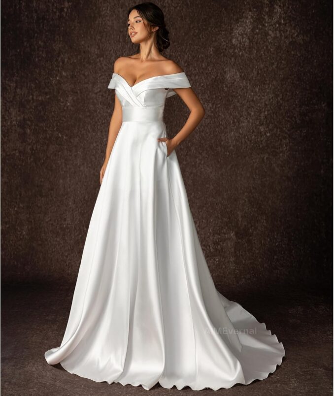 Woman Wedding Dress with Pockets，Off-Shoulder Bride Wedding Dress Shiny Satin Elegant Royal Style Simple Wedding Gown – Bild 2