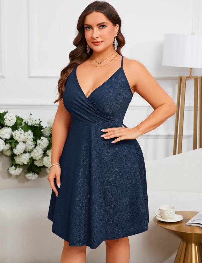 ZOMVA Plus Size 0X-4X Sparkly Glitter Sleeveless Aline Mini Dress Sparkle Wrap Spaghetti Strap Sexy Dress Cocktail Party Club – Bild 4