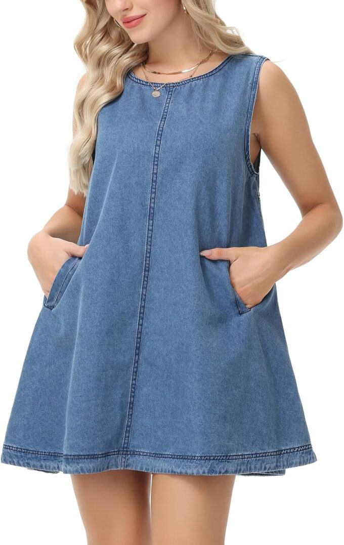 Women's Sleeveless Casual Denim Dress Crewneck Vintage Babydoll Jean Mini Dresses with Pockets – Bild 2