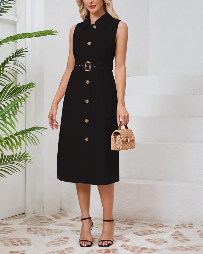 Women's Button Down Shirt Dress Sleeveless Collared A-line Maxi Dress with Belt – Bild 5