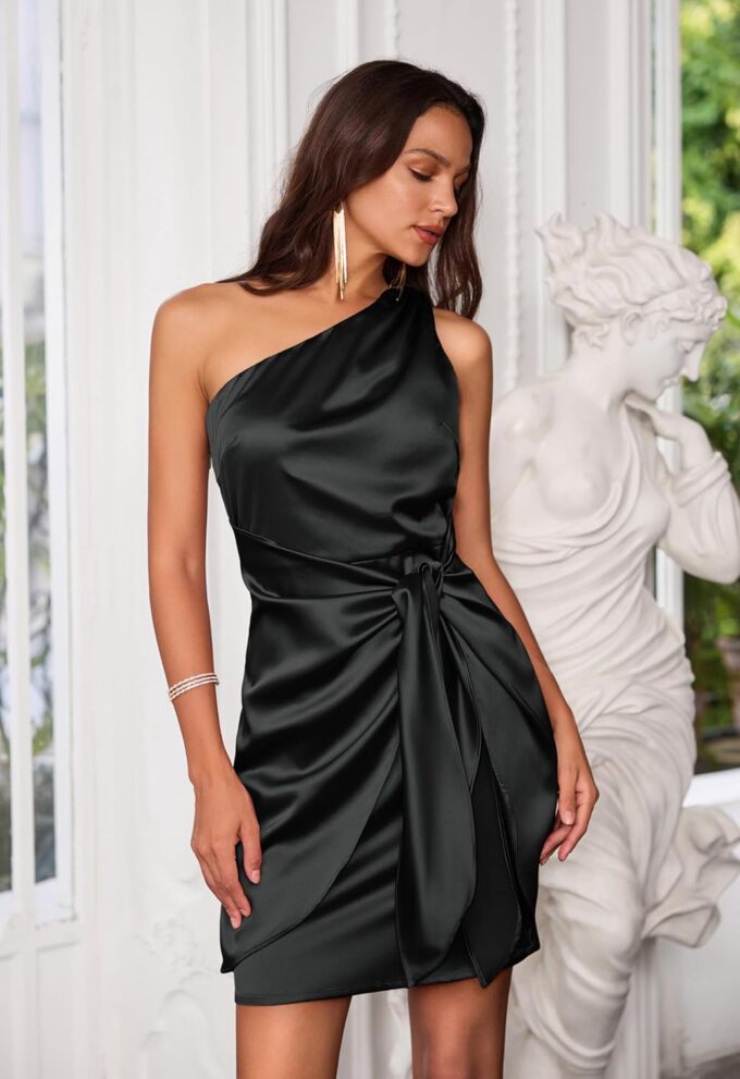 GRACE KARIN 2025 Women Satin Dress Cocktail One Shoulder Sleeveless Tie Waist Party Mini Dresses – Bild 6
