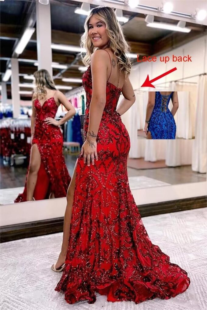 Mermaid Sparkly Sequin Prom Dress with Slit for Women 2025 Spaghetti Straps Tulle Evening Formal Gown – Bild 2