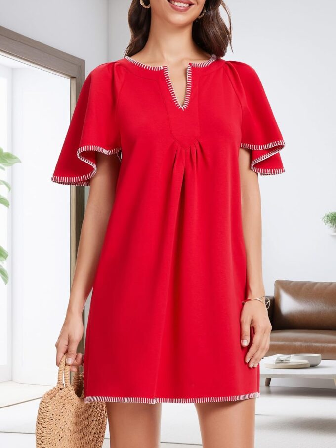 HOULENGS Women's Summer Ruffle Short Sleeve A Line Mini Dress Casual Contrast Trim V Neck Short Dress with Pockets – Bild 6