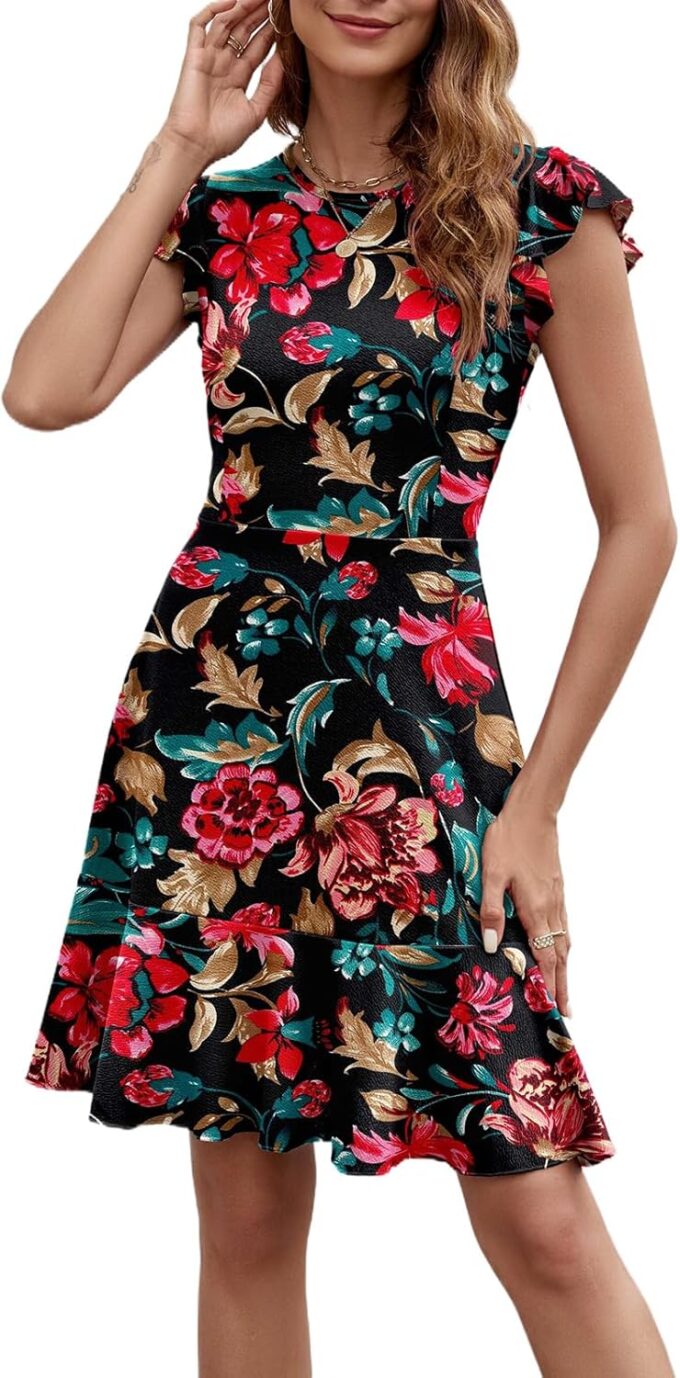 HELYO Women's Summer Elegant Cocktail Club Dress Ruffle Hem Short Flutter Sleeve Fit and Flare A-Line Casual Dresses 619 – Bild 4