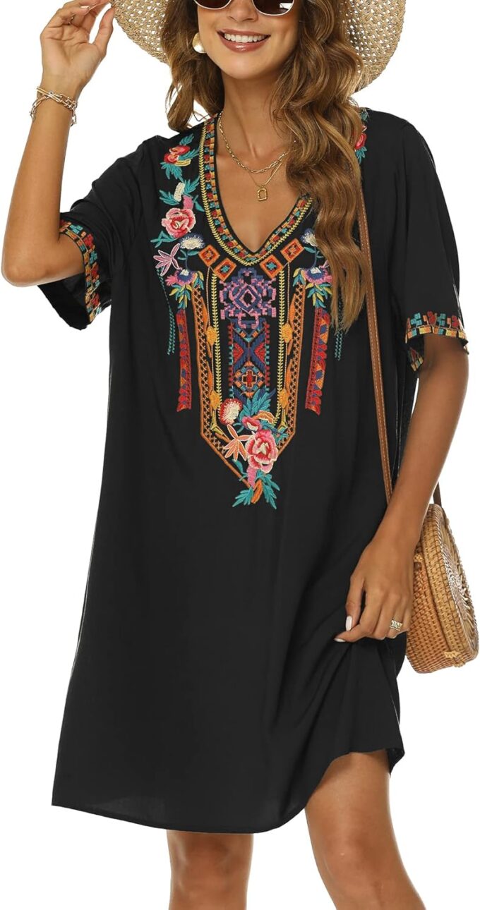 Grosy Women's Embroidered Mexican Peasant Dresses, Plus Size Fiesta Boho Dress for Women, Traditional Floral Bohemian Tunic