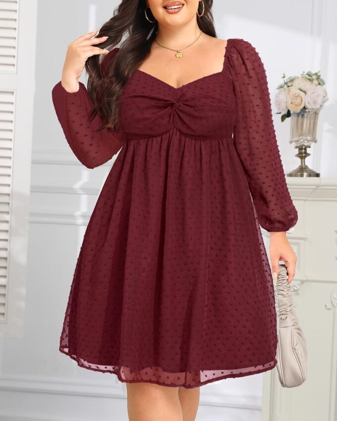 Plus Size Graduation Dress - Summer Swiss Dot Sweetheart Neckline Short Sundress Puff Sleeve Cute Flowy Chiffon Dresses – Bild 3