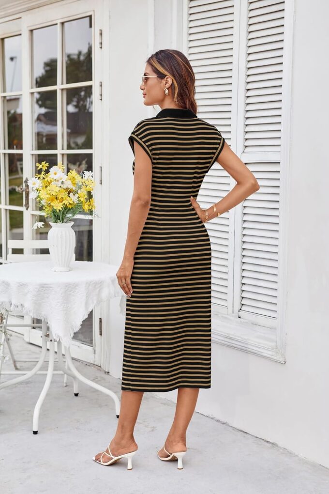GRACE KARIN Women's Casual Summer Dresses Striped Polo V Neck Cap Sleeve Side Slit Ruched Bodycon Stretch Midi Dresses – Bild 4