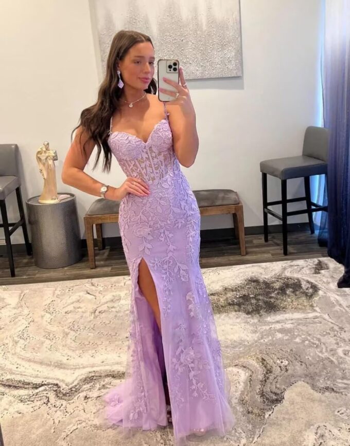 Women's V Neck Lace Appliques Tulle Long Prom Dresses with Slit Spaghetti Straps Corset Formal Evening Dress – Bild 2