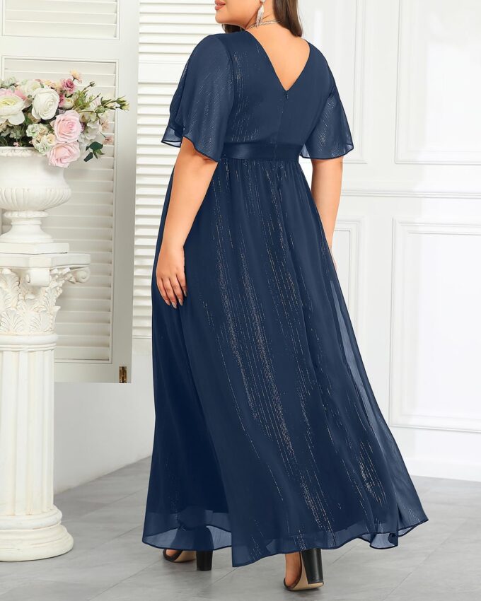 Plus Size Formal Dress - Chiffon V Neck Bridesmaid Wedding Guest Party Short Sleeve A-Line Floor Length Dresses – Bild 6