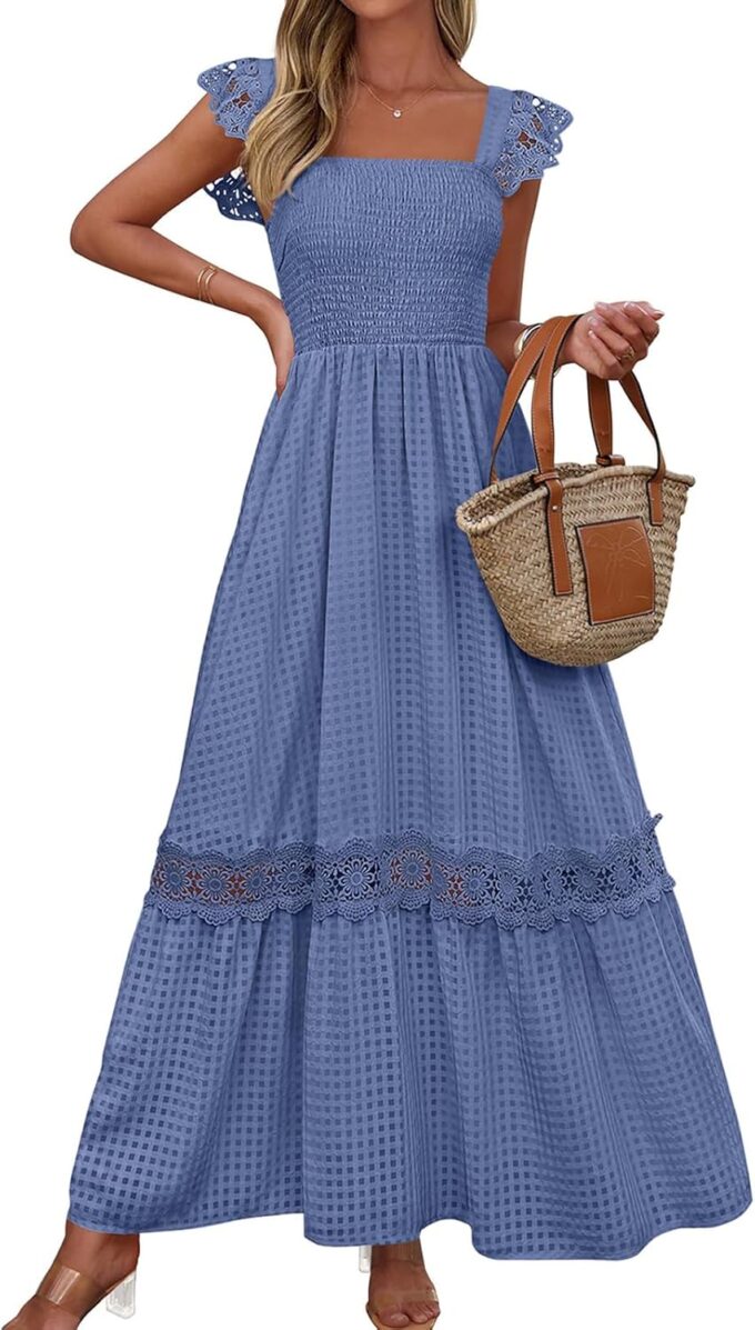 PRETTYGARDEN Women's Smocked Summer Maxi Dresses 2025 Ruffle Cap Sleeve Square Neck Lace Detail Flowy Sundress with Pockets