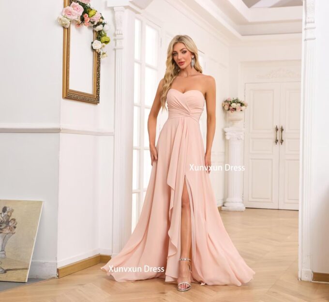 Sweetheart Chiffon Bridesmaid Dresses with Slit Long Pleated Prom Dress Strapless Formal Party Gowns – Bild 6