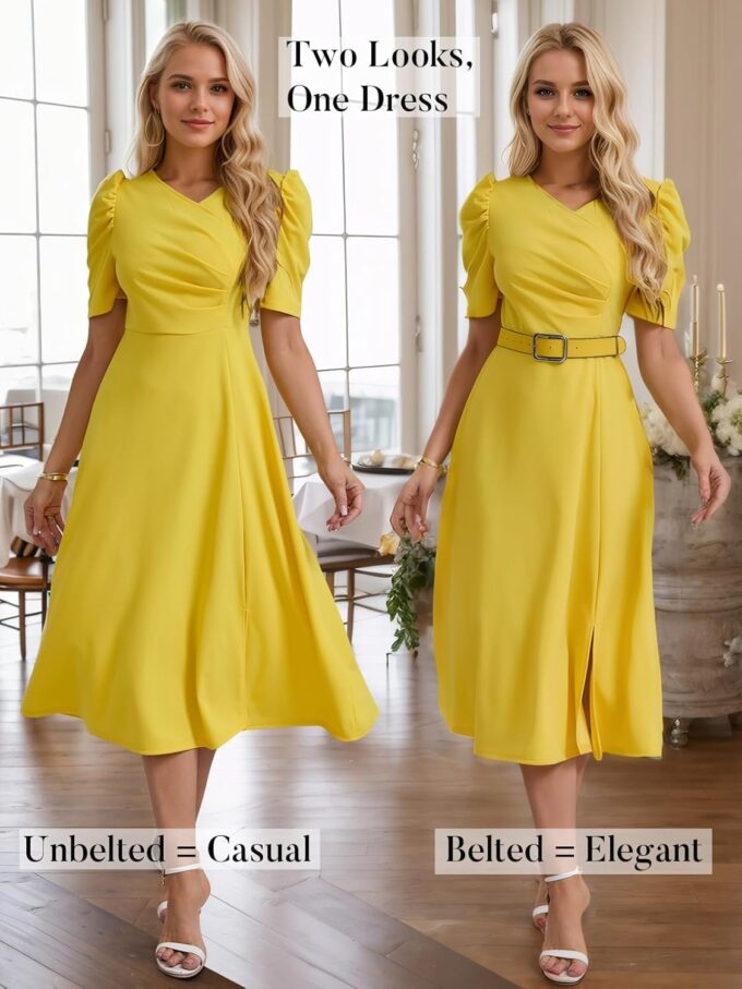 Women's Wear to Work Dress V Neck A-Line Slit Ruched Puff Short Sleeve Semi Formal Casual Dresses – Bild 3