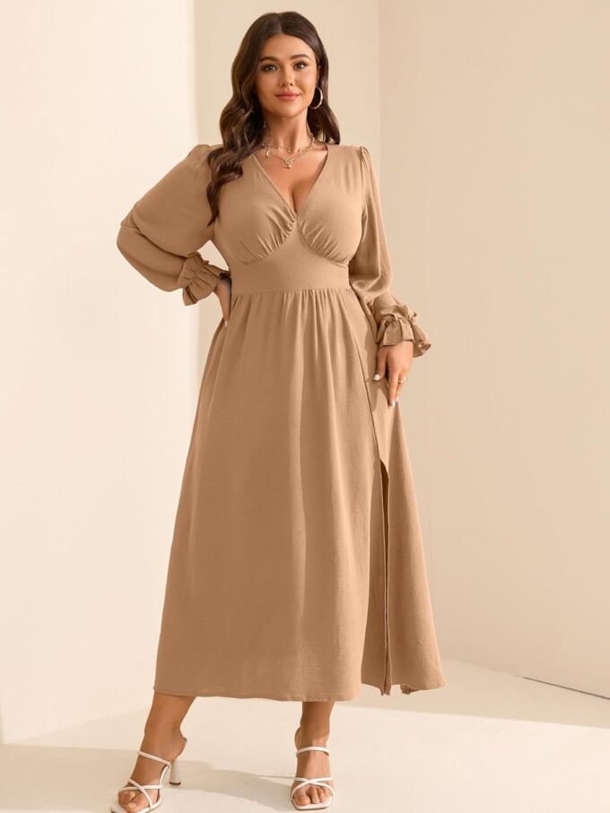 RWJ Plus Size Wedding Guest Dress for Women Deep V Neck Long Sleeve High Waist Slit Formal Cocktail Party Fall Maxi Dresses – Bild 2