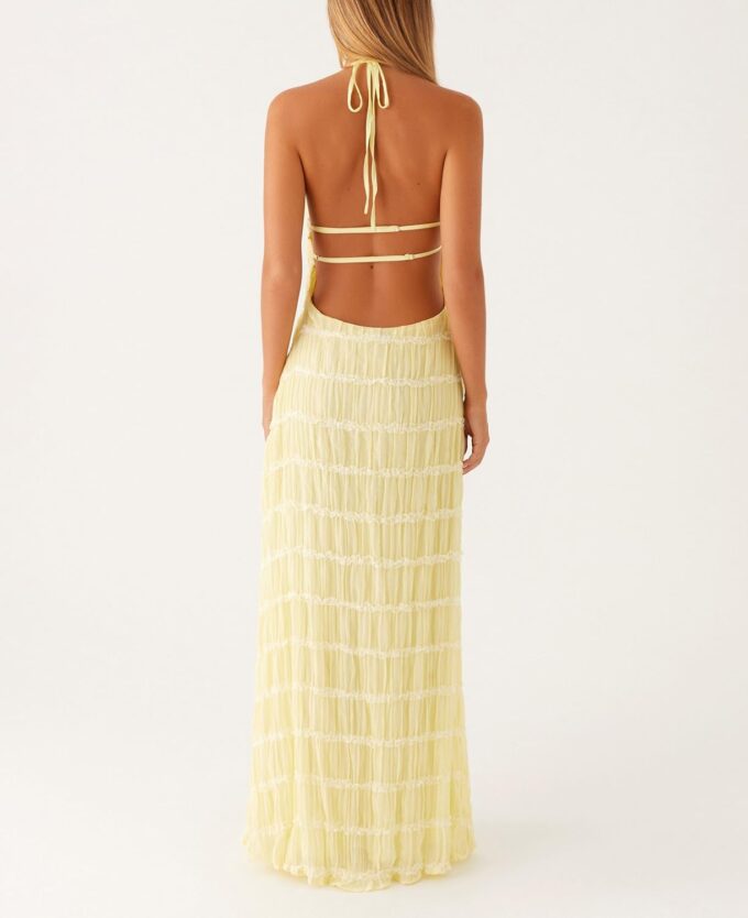 Flowy Boho Beach Dress for Women Halter Backless Smocked Vacation Long Dress Sexy Off Shoulder Resort Maxi Sundress – Bild 6