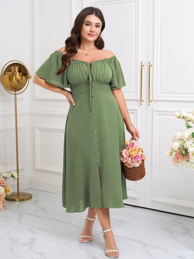 Womens Plus Size Dress Square Neck Smocked Button Down Tie Front Split A-Line Maxi Long Dresses – Bild 4