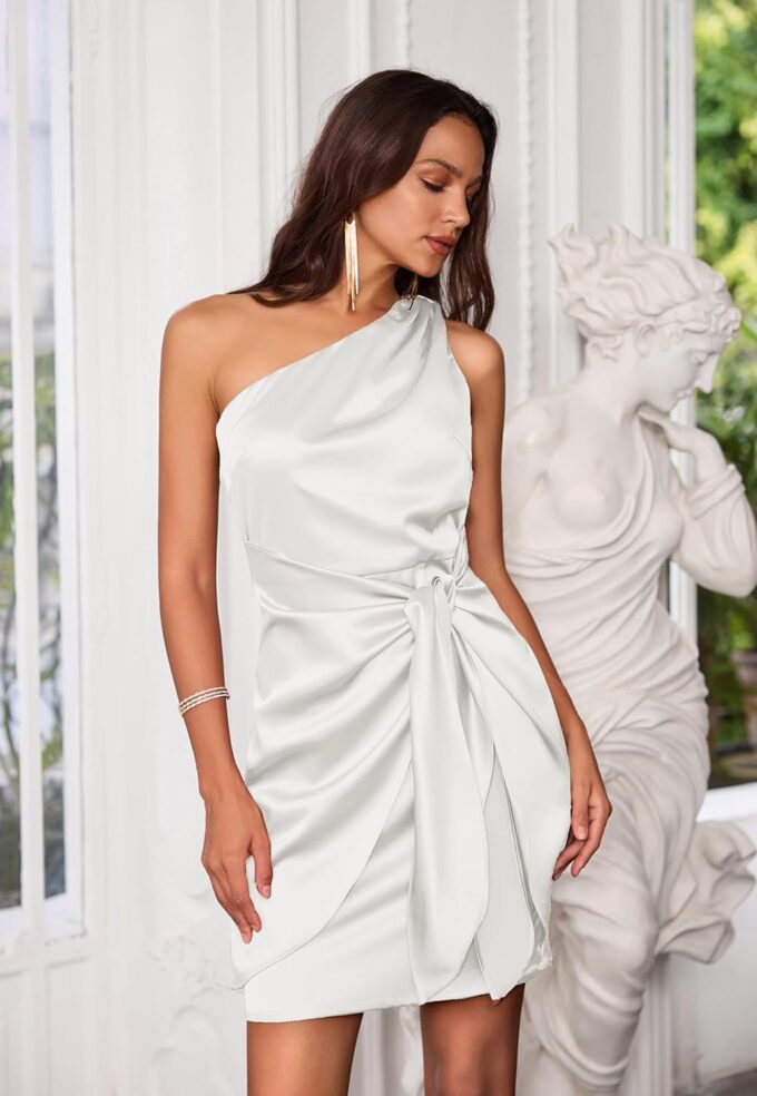 GRACE KARIN 2025 Women Satin Dress Cocktail One Shoulder Sleeveless Tie Waist Party Mini Dresses – Bild 6