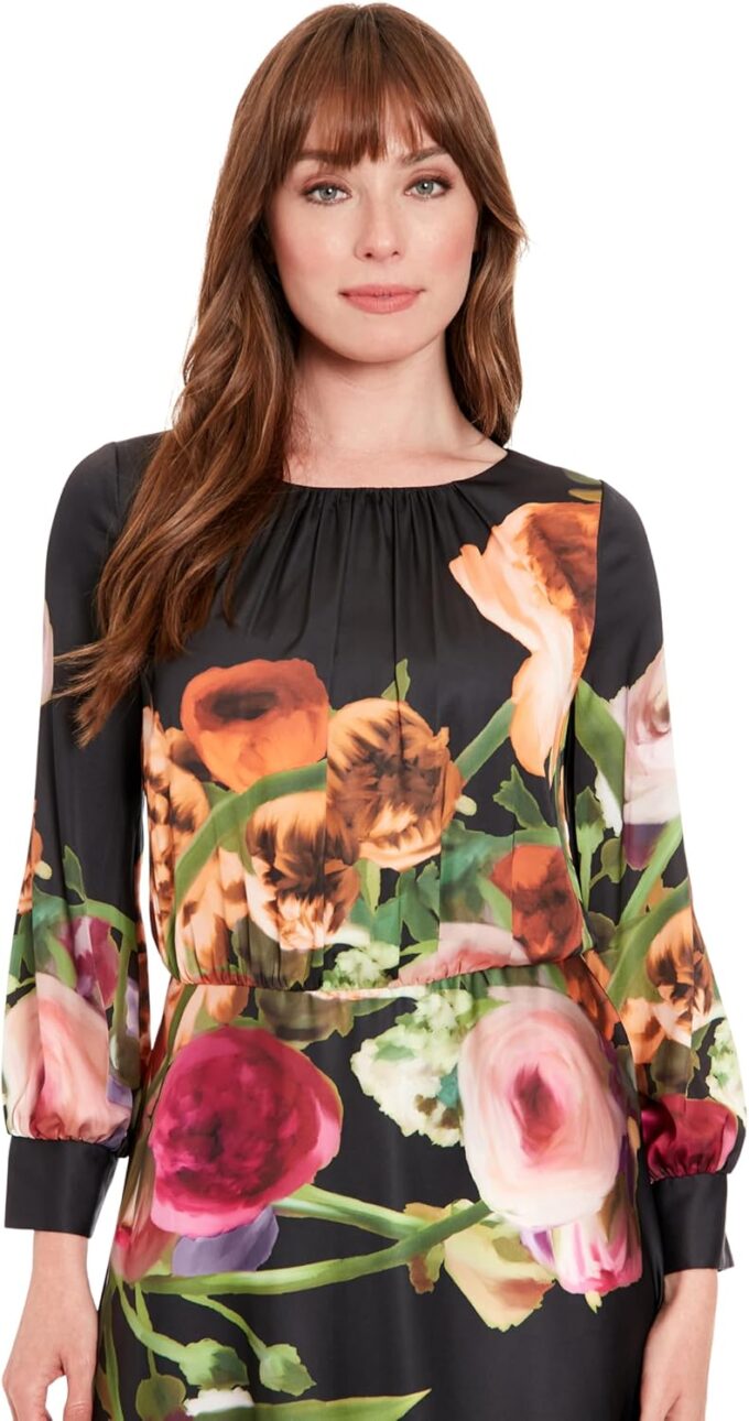 London Times Women's Elegant Floral Knee-Length Dress with Long Sleeves-Versatile for Weddings, Work, and Cocktail Parties – Bild 5