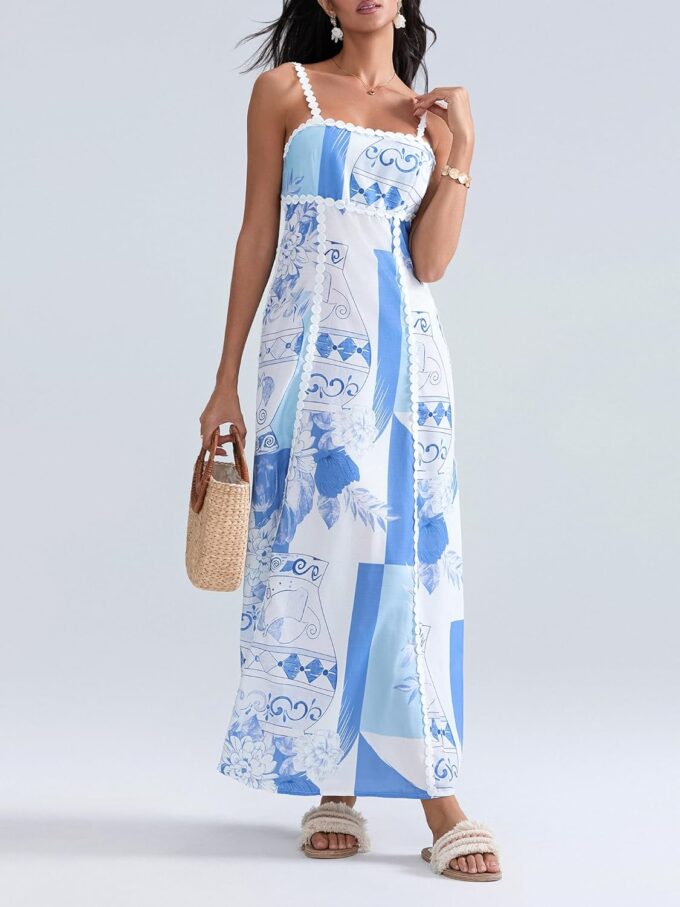 Women Floral Boho Maxi Dress Sleeveless Vintage Floral Tie Back A-Line Party Dress for Vacation Beach Streetwear – Bild 2
