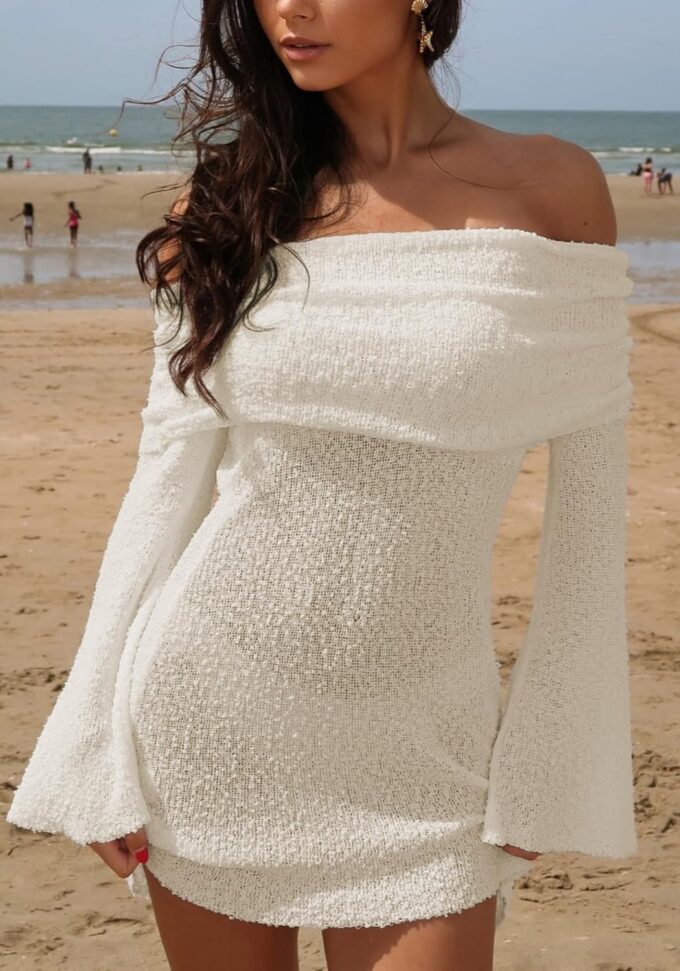 Unybwonn Women's Off Shoulder Mini Short Dress Bodycon Long Sleeve Crochet Sexy Going Out Mesh Elegant Sweater Dresses – Bild 3