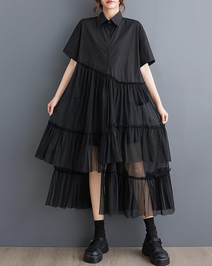 ellazhu Women's Shirt Dress Patchwork Short Sleeve Lapel Button Down Irregular Hem Tulle Solid Summer GZ225 – Bild 3
