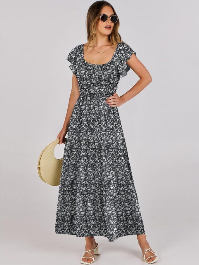 ANRABESS Women’s Casual Summer Maxi Dress Flutter Short Sleeve Scoop Neck Smocked A Line Flowy Beach Vacation Long Dresses – Bild 2