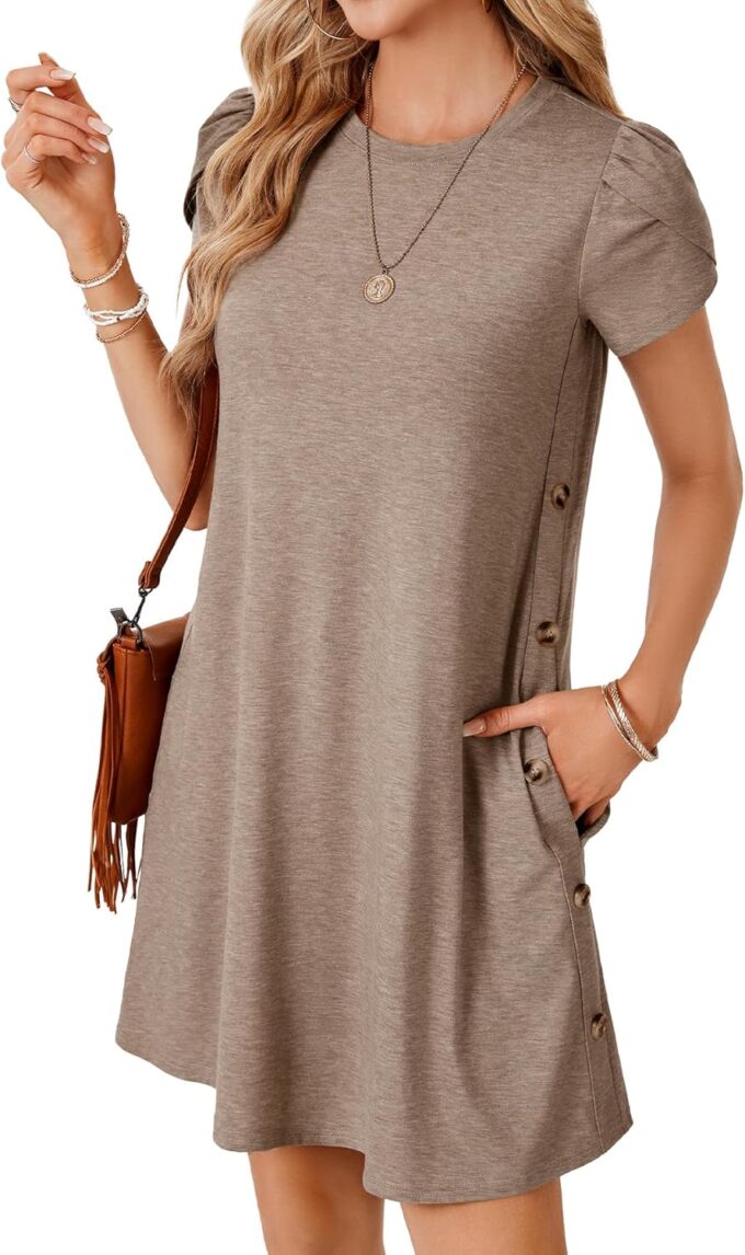 LYANER Women's Crewneck Button Sides Short Sleeve Flowy Mini Dress with Pockets
