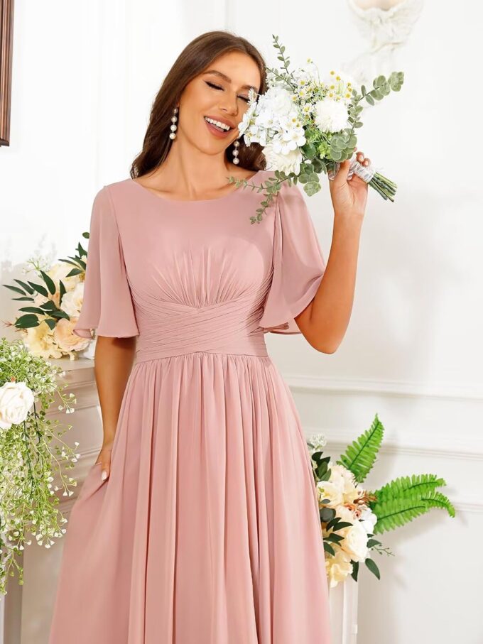 Women's Chiffon Bridesmaid Dresses with Slit Scoop Neck Flutter Sleeve Formal Wedding Guest Dress with Pockets – Bild 6