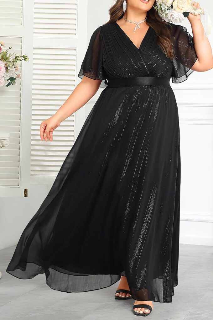 Plus Size Formal Dress - Chiffon V Neck Bridesmaid Wedding Guest Party Short Sleeve A-Line Floor Length Dresses – Bild 3