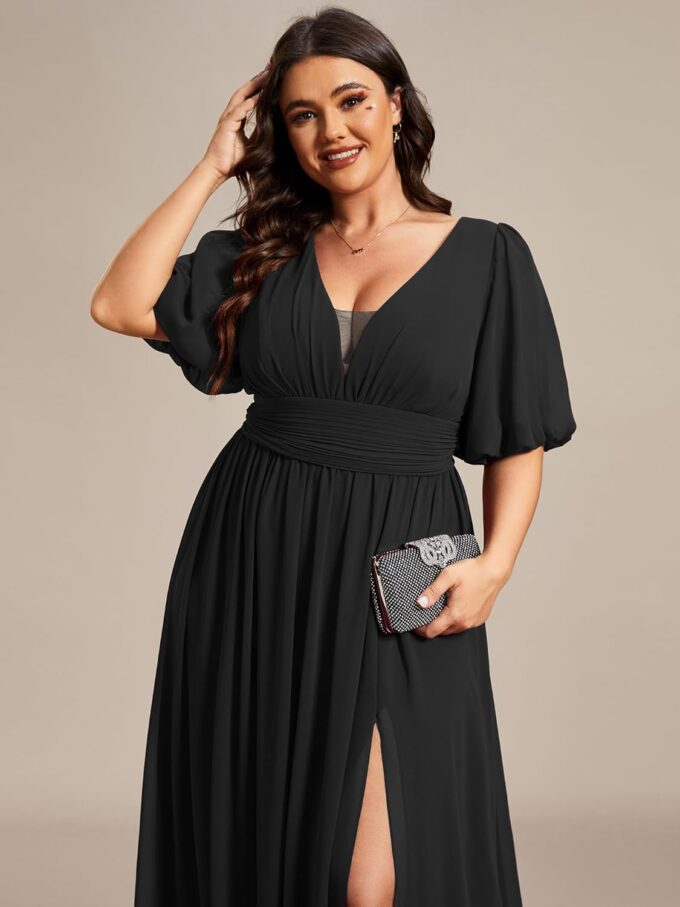 Ever-Pretty Plus Womens V-Neck Puffy Sleeves Empire Waist Ruched Bust A-Line Slit Maxi Plus Size Formal Dress – Bild 5