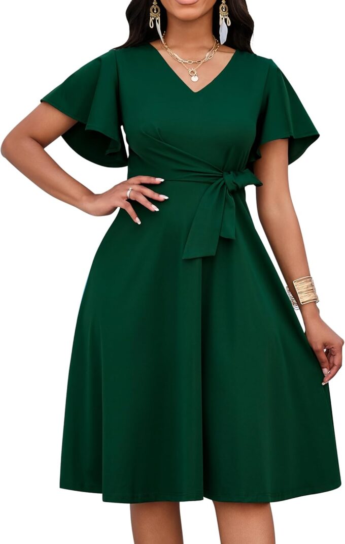 FANDEE Women's Casual Midi Dress Wedding Guest Dresses for Chuch Cocktail Ruffle Short Sleeve A-Line V Neck with Belt