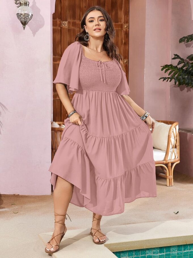 SCOMCHIC Women's Plus Size Flowy Maxi Dress Flutter Short Sleeve Boho Dress Square Neck Smocked Formal Dresses for Women – Bild 6