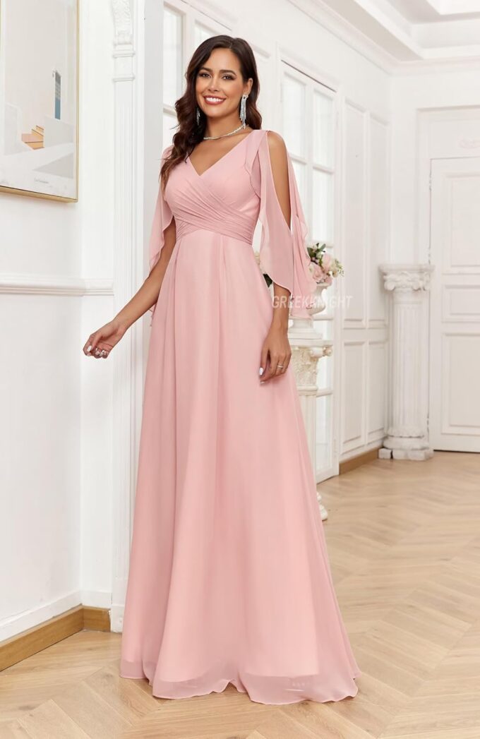 Cold Shoulder Bridesmaid Dresses with Sleeves for Women V Neck Chiffon A Line Pleated Formal Evening Gown – Bild 3