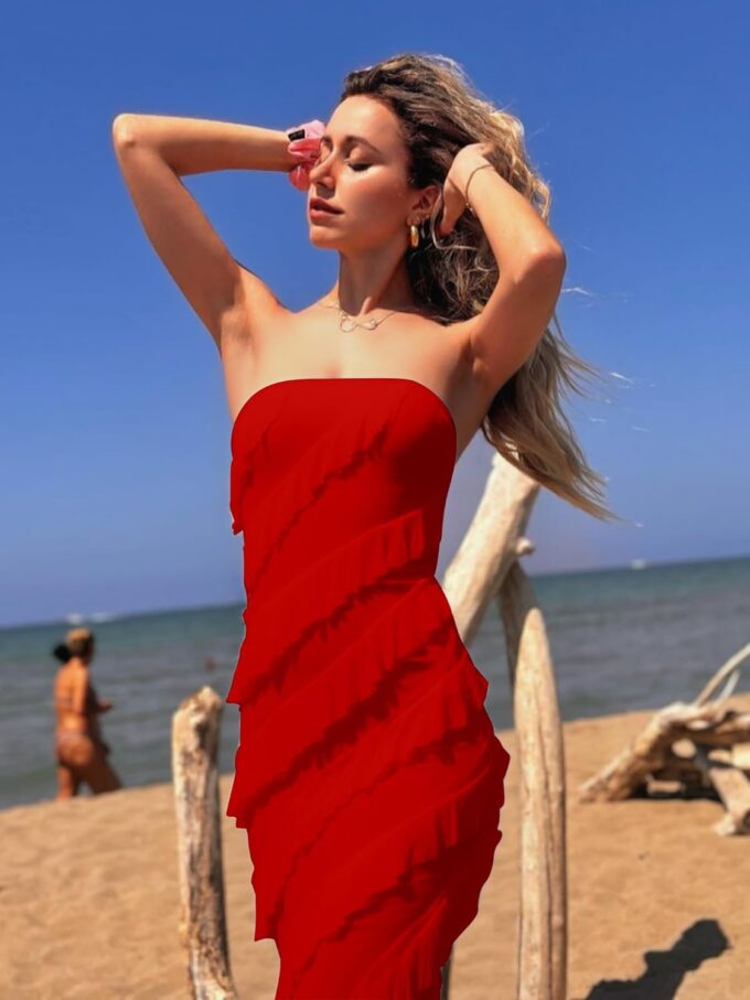 HOCILLE Women's Sexy Strapless Tube Top Bodycon Sleeveless Ruffle Midi Party Cocktail Dress – Bild 3