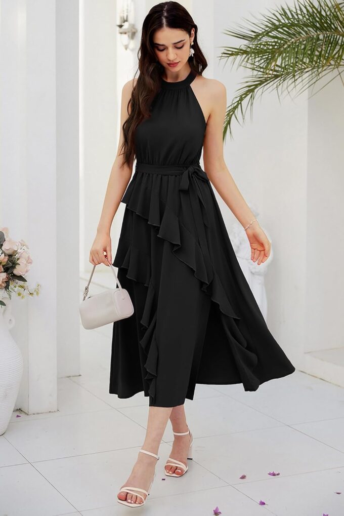 GRACE KARIN Women's 2024 Summer Sleeveless Halter Neck Ruffle Hem Split Flowy Swing Long Midi Dress with Belt – Bild 6