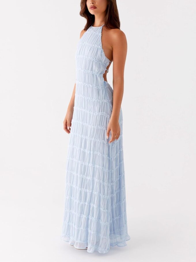 Women Summer Halter Neck Maxi Dress Flowy Ruffle Tiered Sleeveless Sundress Boho Backless Spaghetti Strap Long Dress – Bild 4