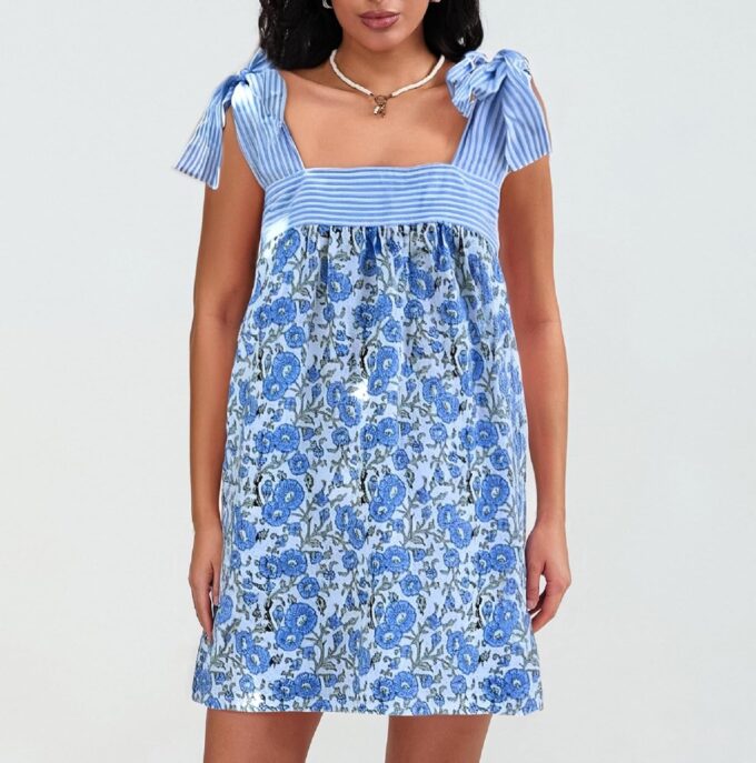 Women Y2k Tie Shoulder Mini Dress Sleeveless Flowy Babydoll Dress Boho Floral Aline Short Sundress – Bild 4