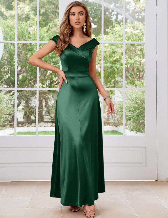 Women's Vintage 1950s V Neck Satin Cocktail Bridesmaid Floor Length Dress – Bild 3