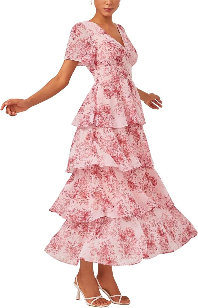ADOR Women's Floral Summer Empire Waist V Neck Casual Long Flowy Chiffon Maxi Dress Ruffle Tiered Short Sleeve A-line Dreses