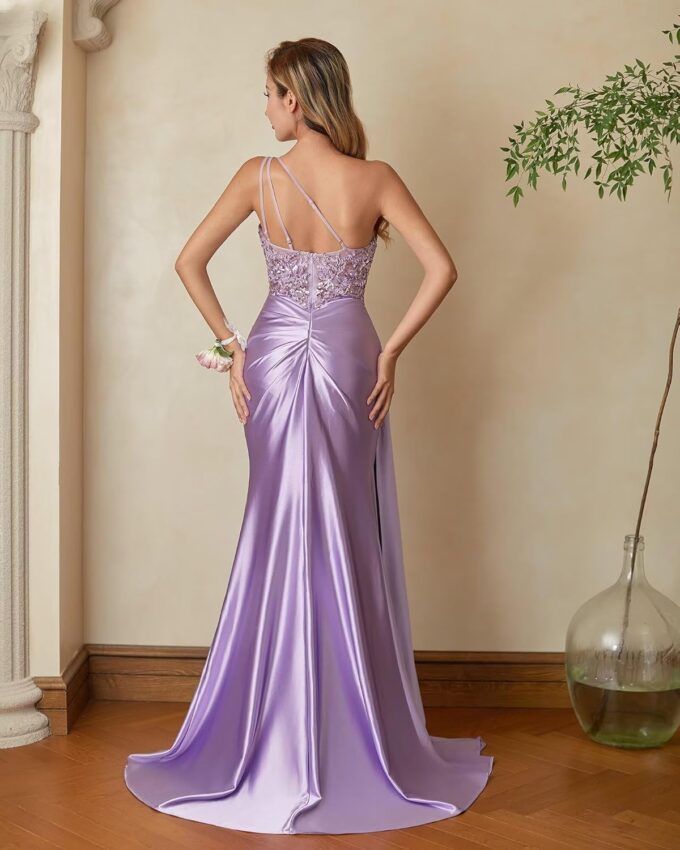 Womens One Shoulder Prom Dresses 2025 Elegant Mermaid Satin Ruched Formal Evening Dresses – Bild 2
