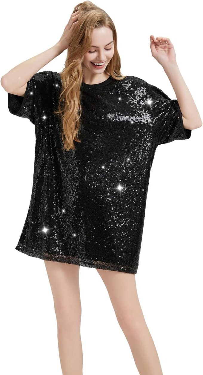 Sequin T-Shirt Dress Sparkly Short Sleeve Party Club Dress Women Sexy Casual Shinny Backless Shirt Dresses – Bild 4