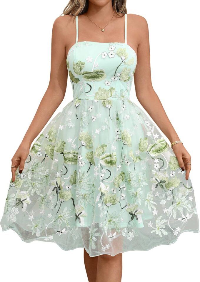 Short Homecoming Dress Flower Embroidery Tulle Spaghetti Strap Green Midi Length Floral Prom Dress Formal Party Dresses