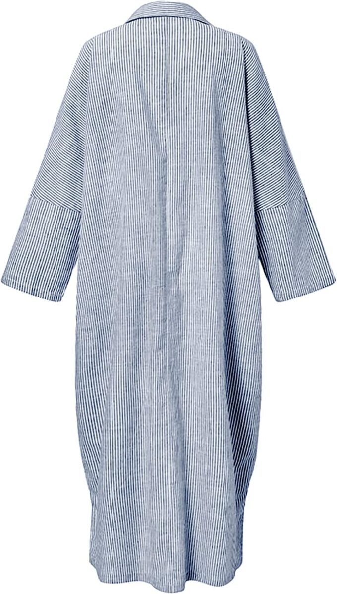 utcoco Womens Striped Long Sleeve Dress Casual Loose Button Down Cotton Maxi Shirt Dress – Bild 3