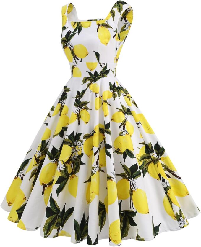 Women Vintage Floral Dress High Waist Cocktail Tea Party Wedding Prom Beach Dress – Bild 7